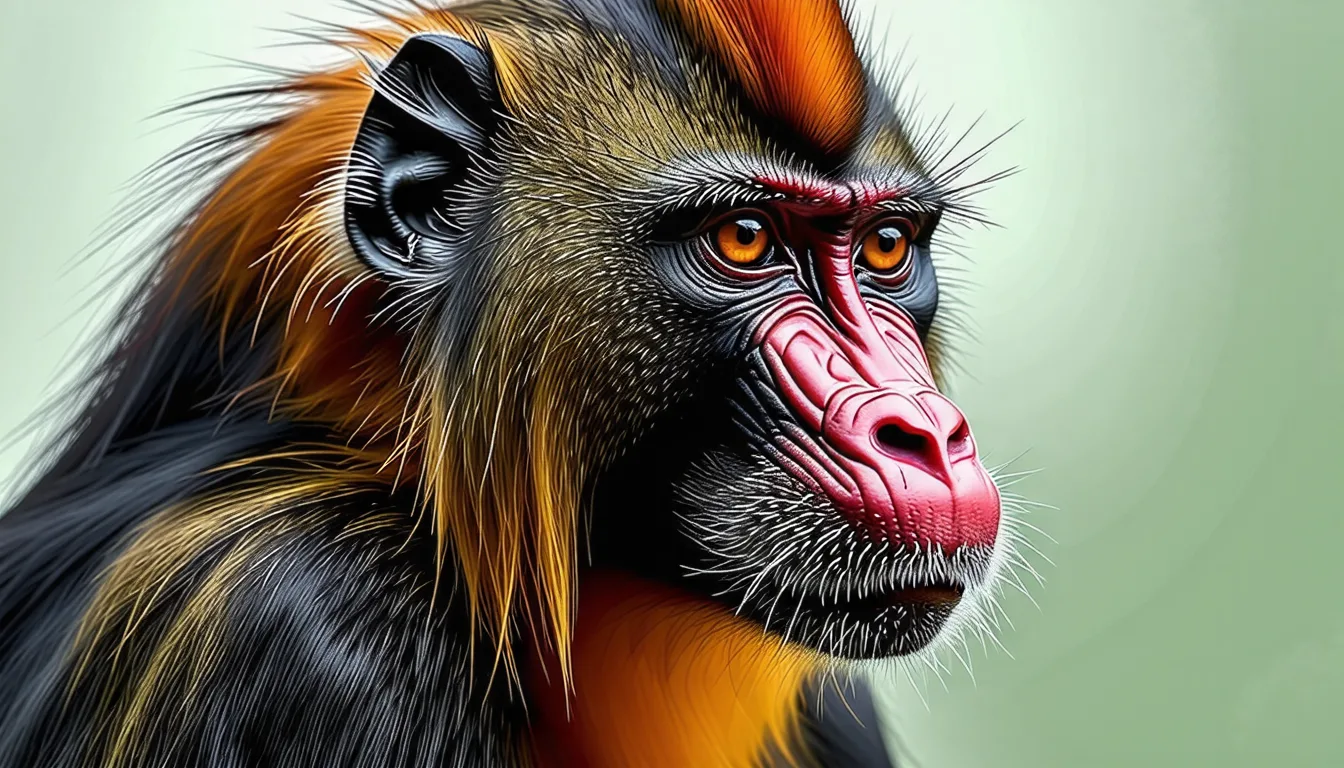 Mandrill mâle de face, museau rouge et arêtes nasales bleues, crinière claire