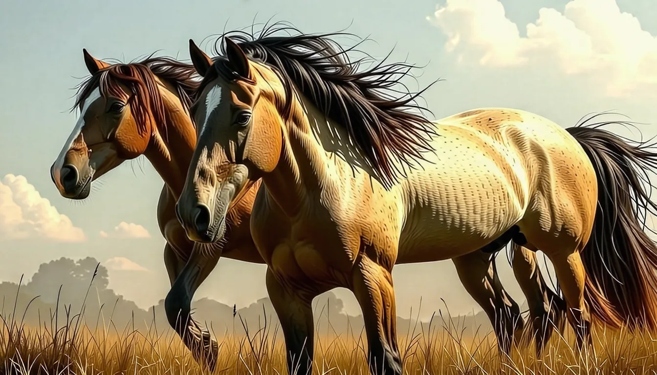 Chevaux au galop dans une steppe herbeuse, évoquant le berceau des chevaux domestiques