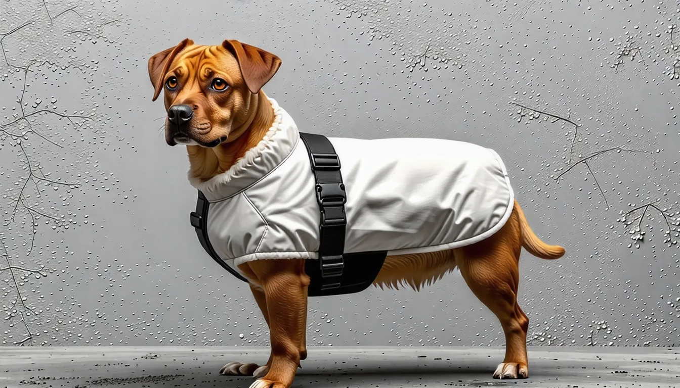 Chien de taille moyenne portant un manteau imperméable avec anneau de laisse sur le dos