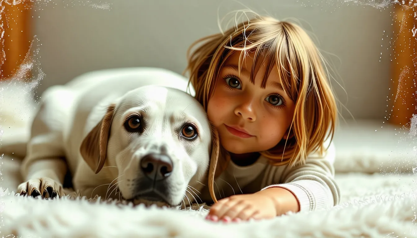 Un enfant assis par terre caresse un chien couché contre lui dans un salon