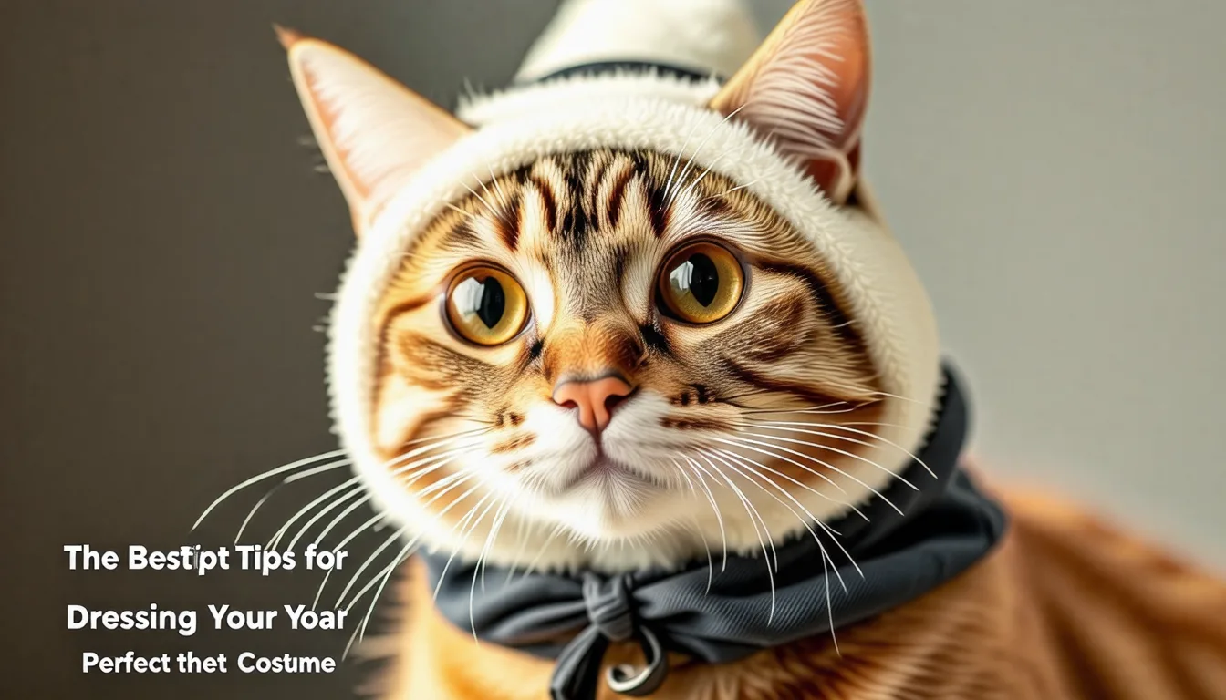 Chat assis portant un petit déguisement, oreilles dégagées et regard attentif