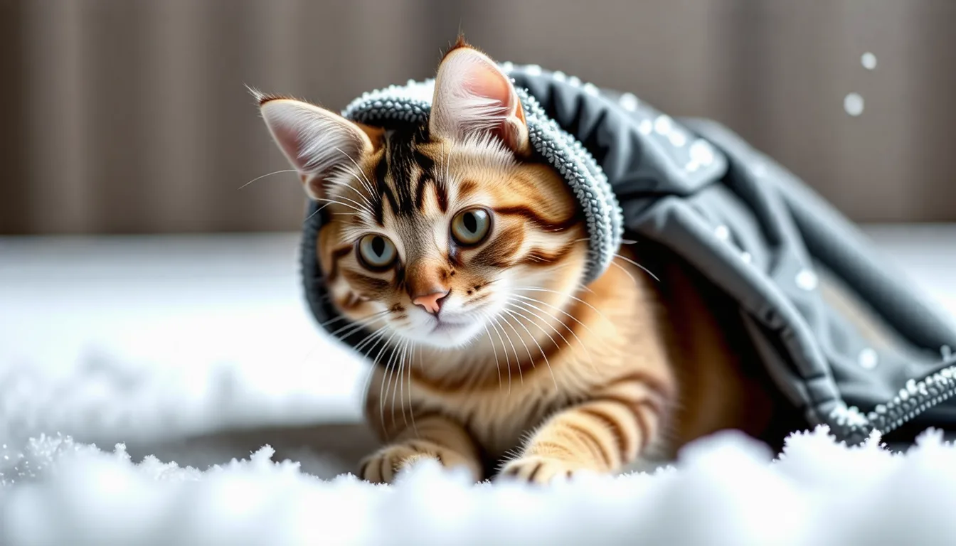 Chat portant un manteau matelassé ajusté, debout sur un sol enneigé