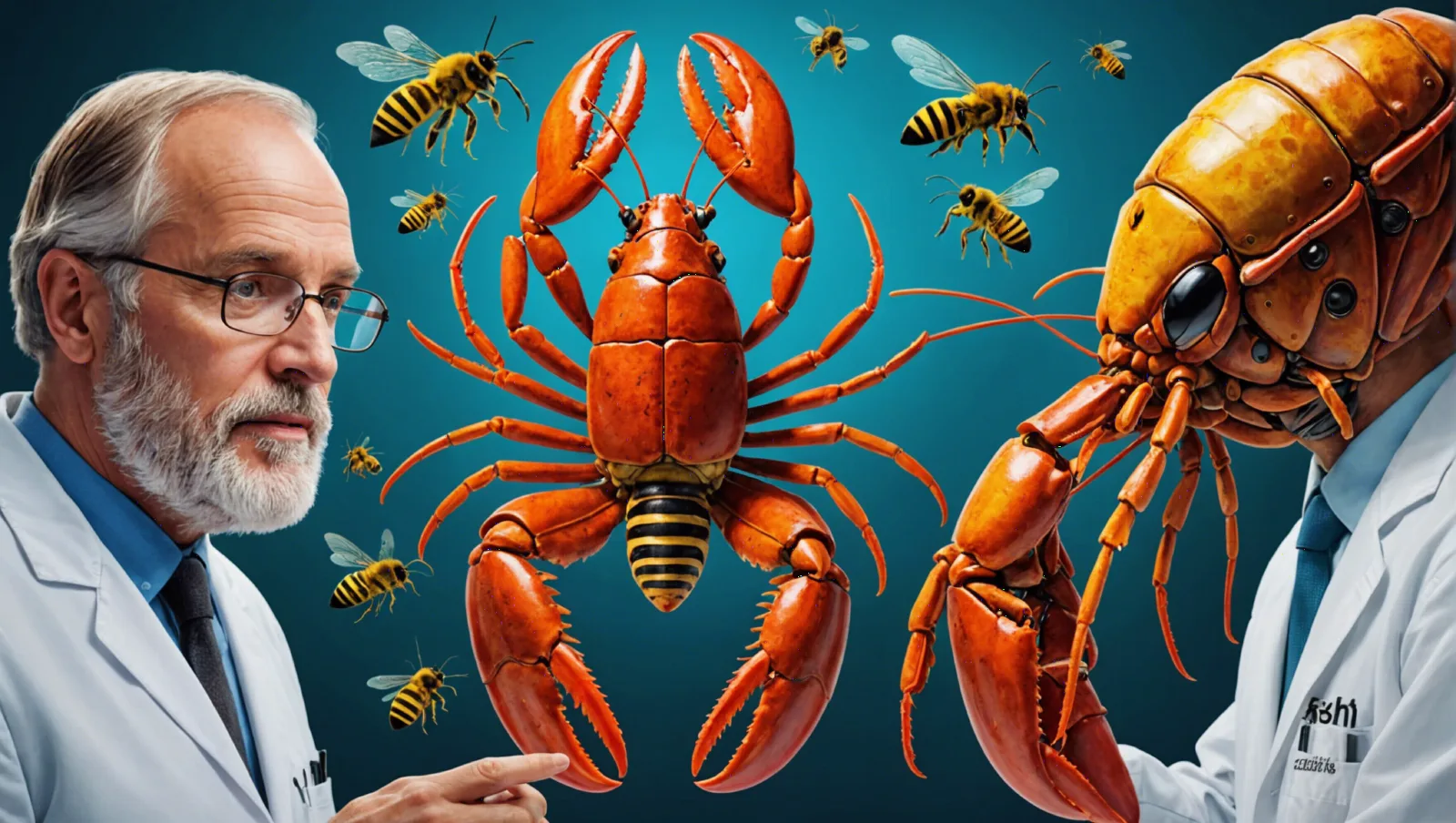 Un homard, un banc de poissons et une abeille, trois espèces au coeur du débat sur la conscience animale