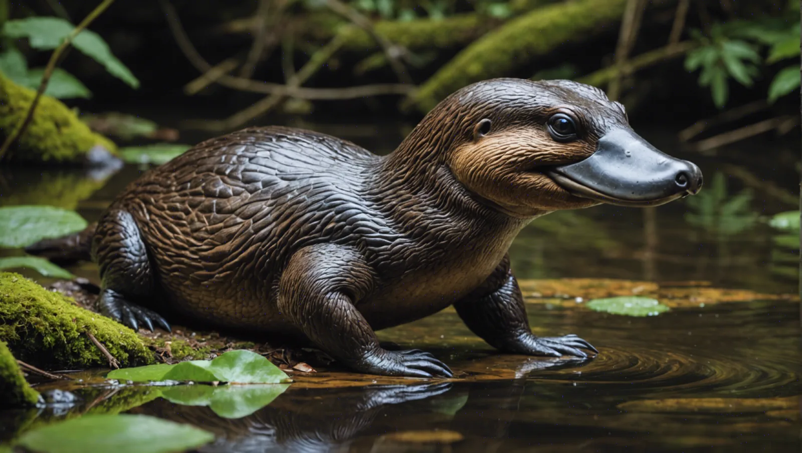 Ornithorynque nageant en surface, bec plat et pattes palmées visibles