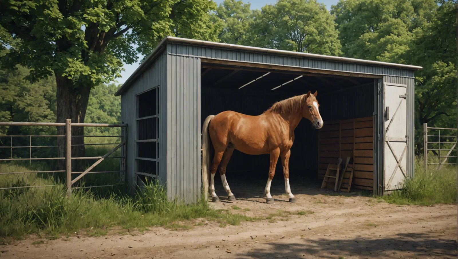 Chevaux au pré dans un refuge équin du Sud-Ouest, clôture et abri en arrière-plan
