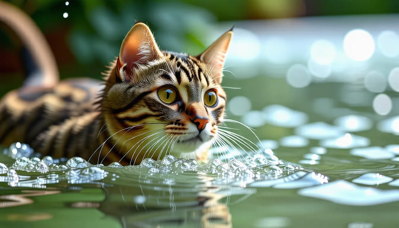 Chat tigré assis devant un filet d'eau au robinet de la cuisine, patte levée