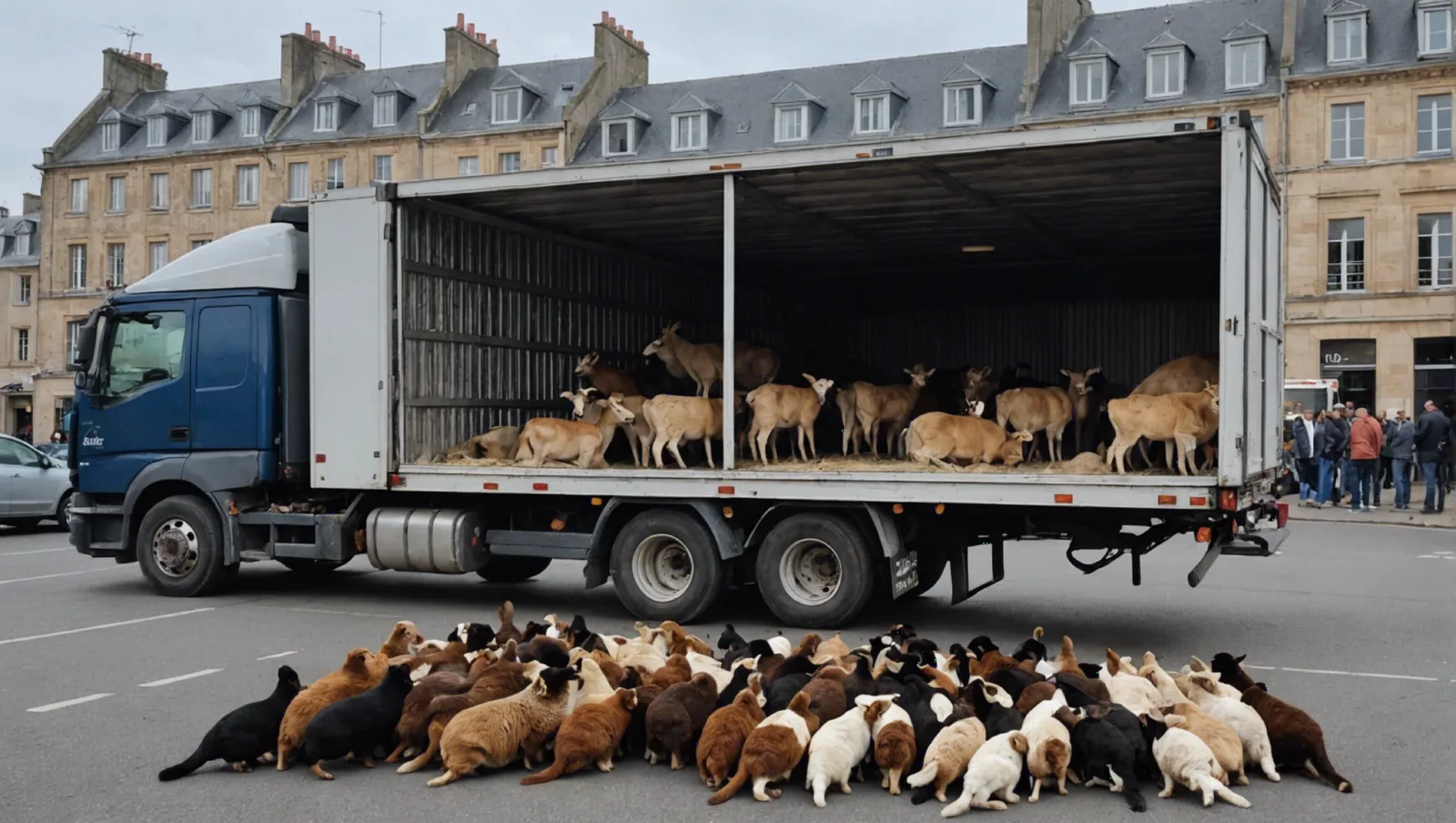Cages superposées à l'arrière d'un camion lors d'une saisie d'animaux