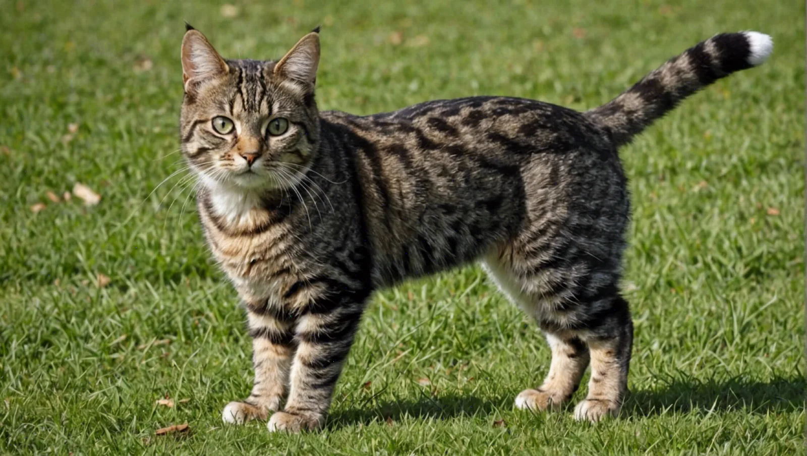 Chat Bobtail américain au pelage tabby et à la queue très courte, debout de profil