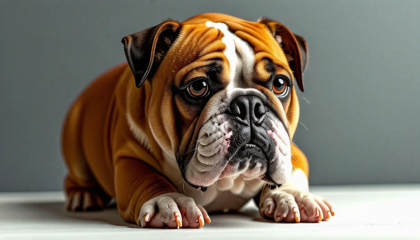 Bouledogue anglais fauve et blanc debout de profil, museau écrasé et poitrail large