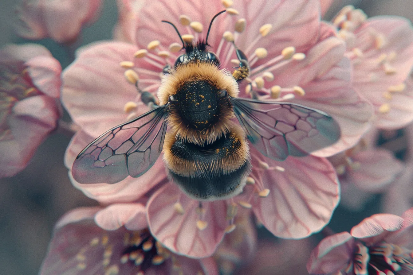 Abeille posée sur une fleur, le corps et les pattes chargés de grains de pollen jaune
