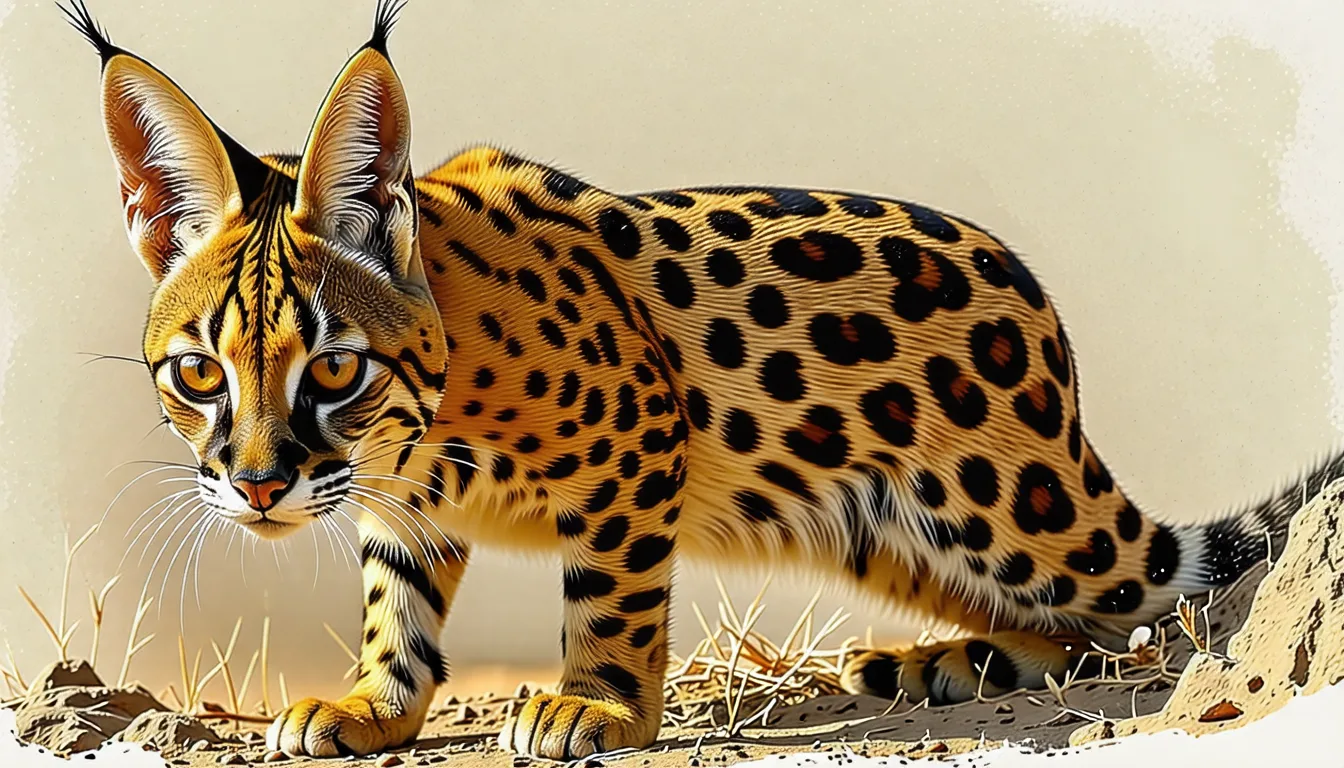 Serval dressé sur ses longues pattes dans les hautes herbes, grandes oreilles dressées