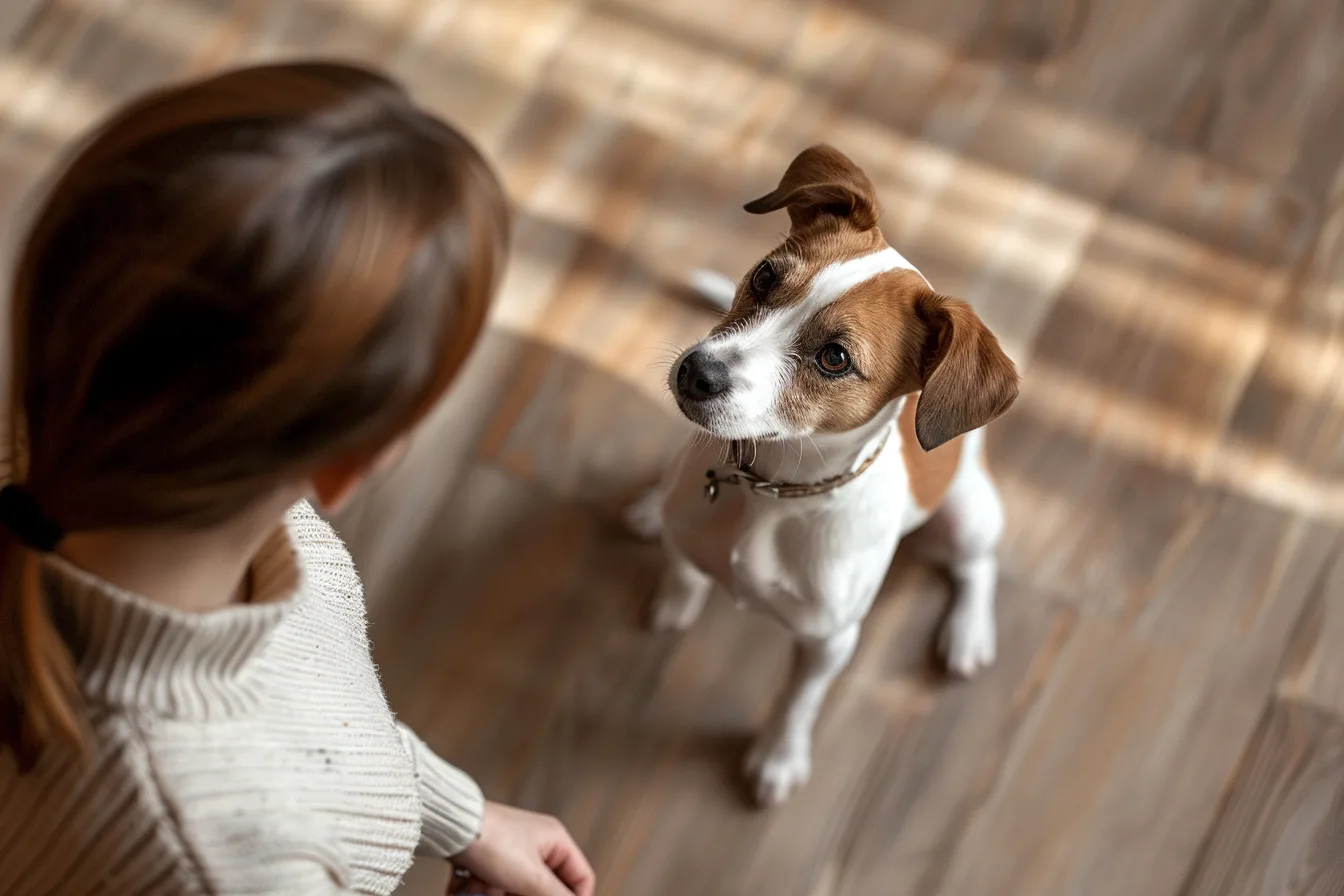 Chien et propriétaire en promenade, laisse détendue, sur un chemin de campagne
