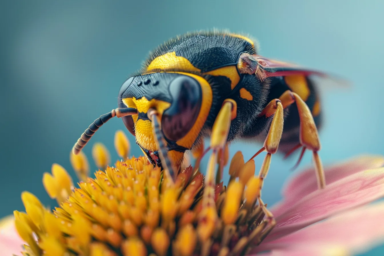 Guêpe posée sur une surface claire, taille fine et abdomen rayé de jaune et de noir