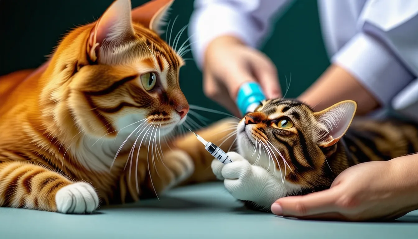 Chaton tenu sur une table de consultation pendant une injection vaccinale