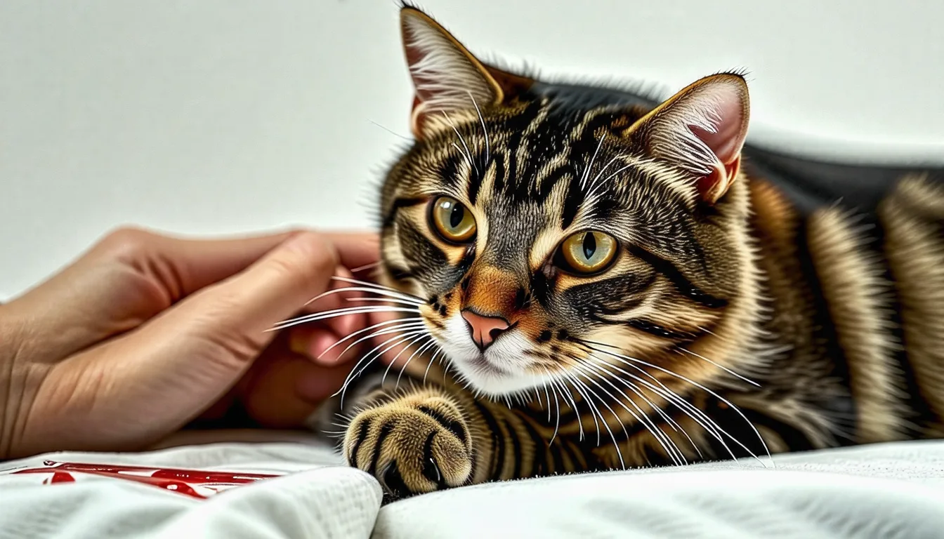 Chat examiné de près, poils écartés autour d'une petite plaie sur le flanc