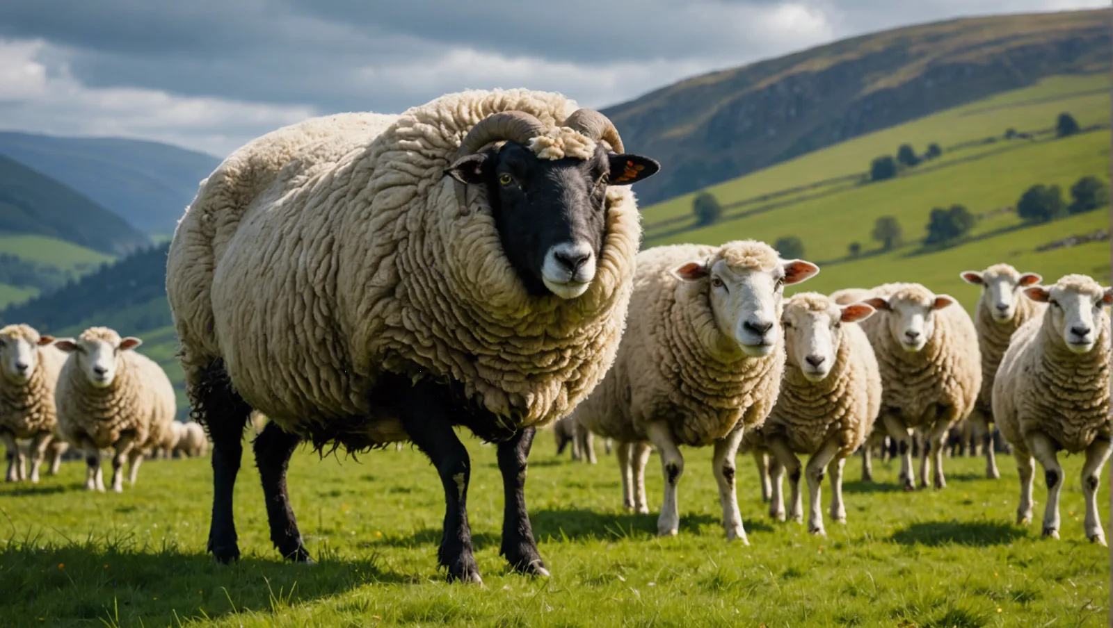 Lama blanc dressé au milieu d'un troupeau de moutons dans un pâturage
