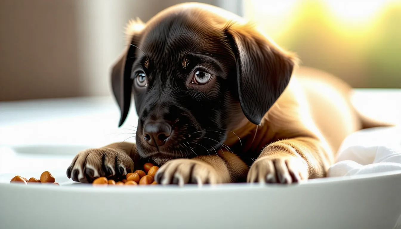 Chiots de quelques semaines groupés autour d'une gamelle peu profonde