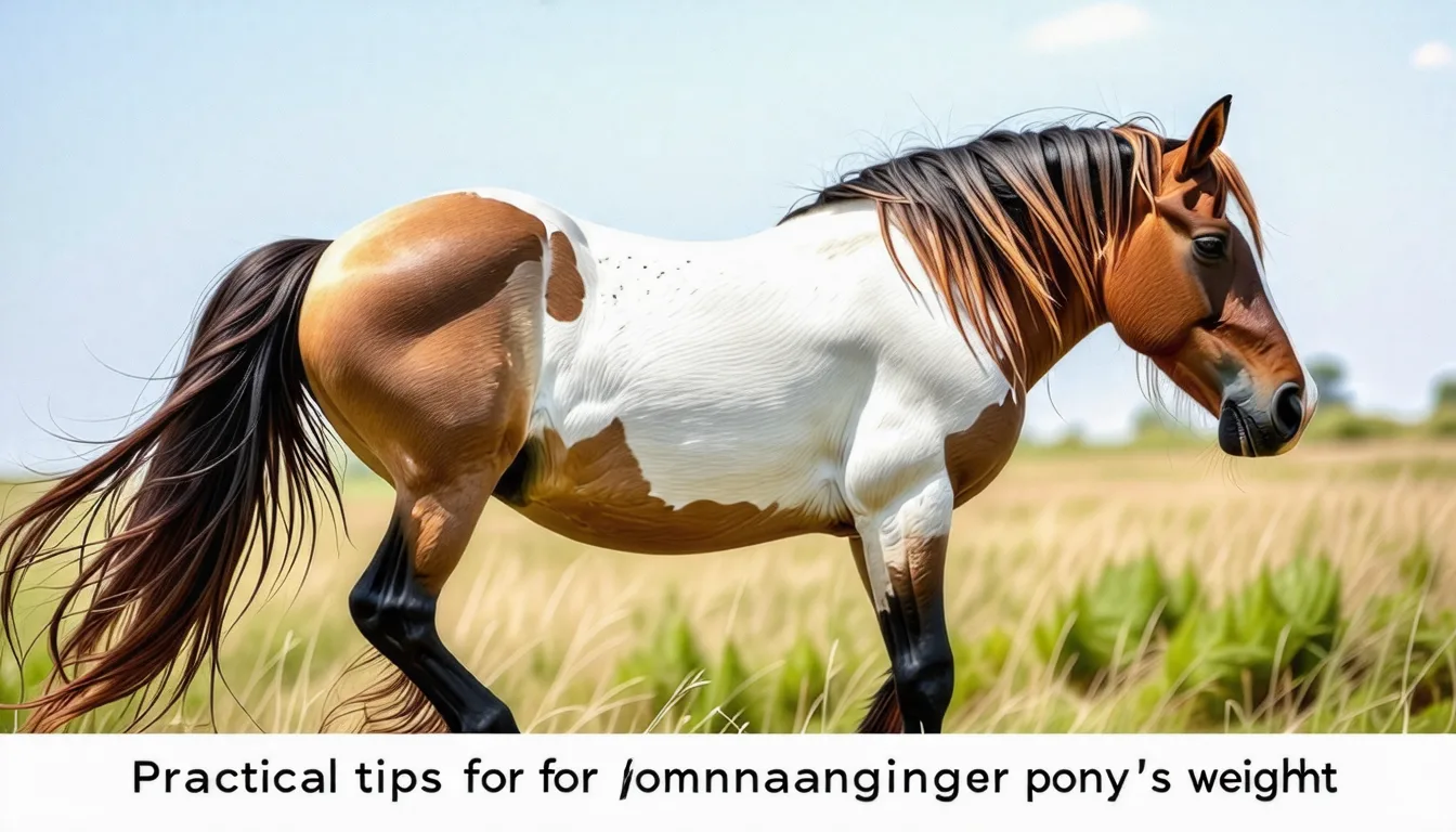Poney brun et blanc broutant dans un pré clôturé, vu de profil