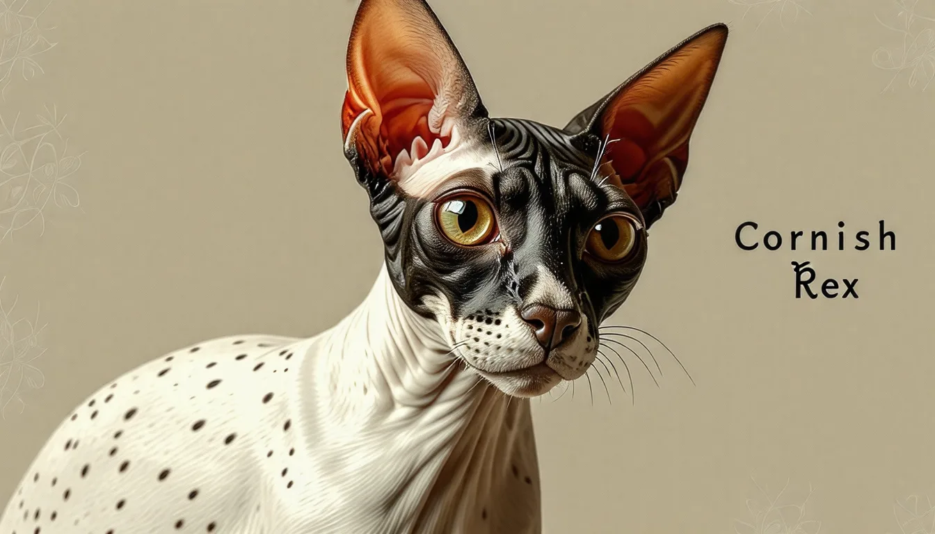 Cornish Rex crème au pelage ondulé, grandes oreilles et corps élancé