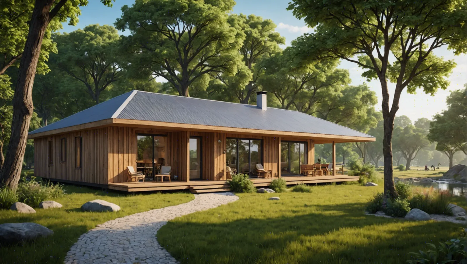 Lodge en bois sur pilotis surplombant un enclos boisé de parc animalier
