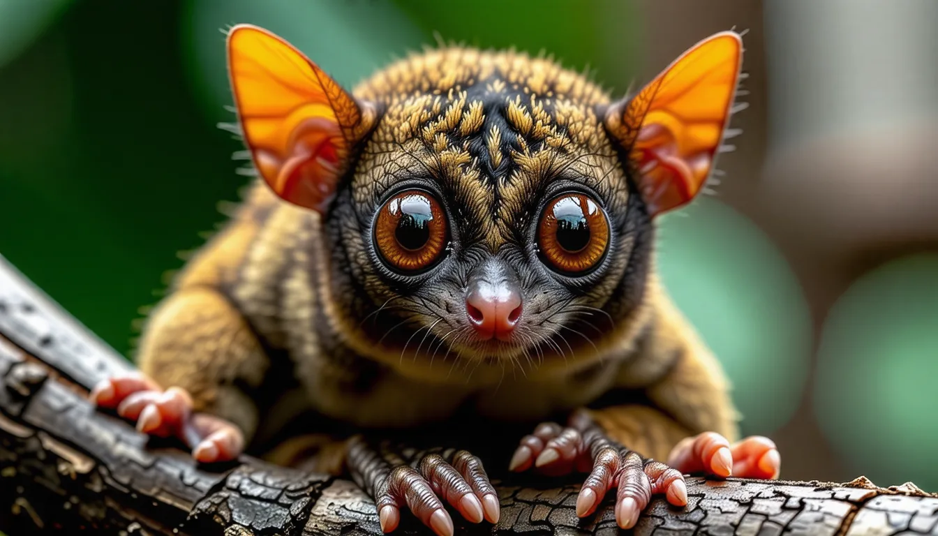 Tarsier agrippé à une branche, yeux ronds grands ouverts dans la pénombre
