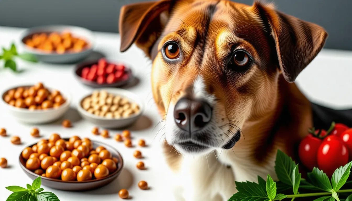 Chien assis devant une gamelle de croquettes, viande fraîche et légumes coupés
