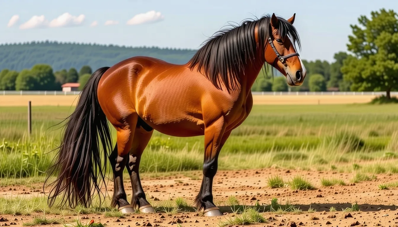 Cheval de trait massif à la robe baie debout dans un pré, vu de profil