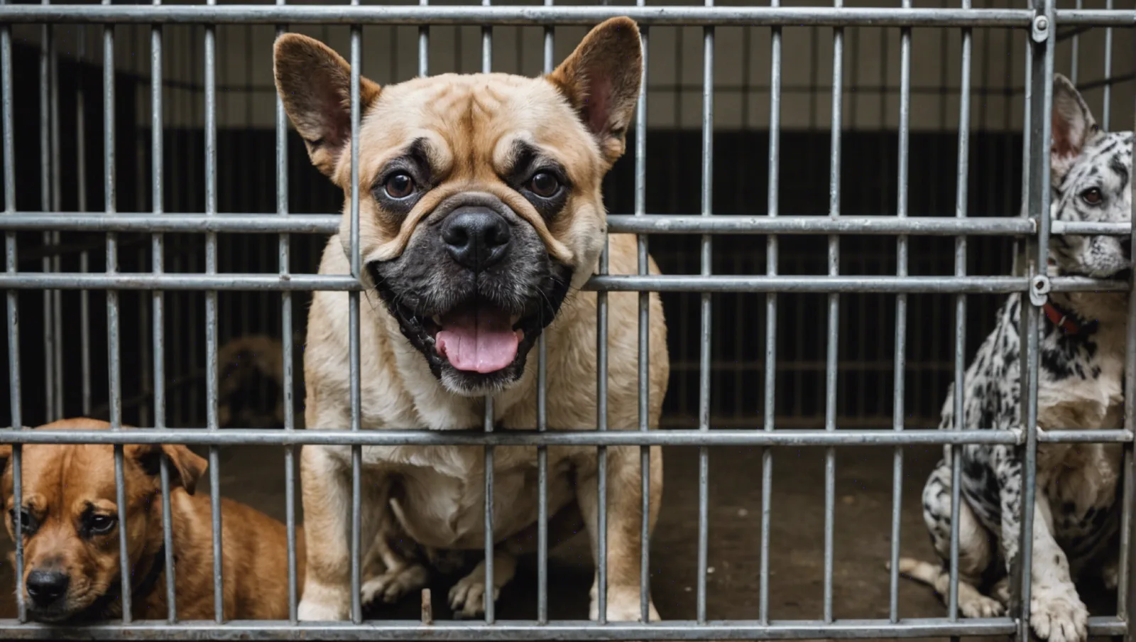 Chiens derrière le grillage d'un box de refuge, sol en béton nu