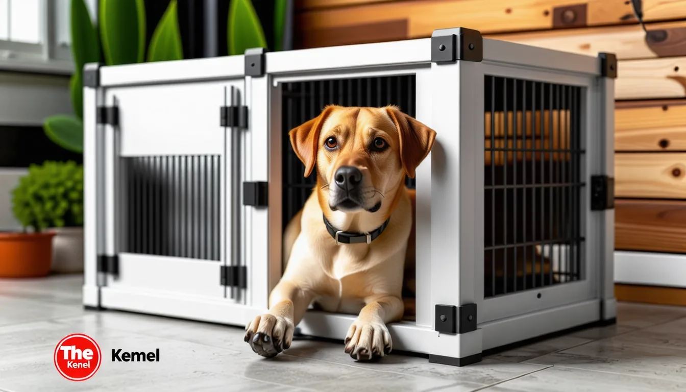 Chien allongé dans un box de pension avec un accès sur une cour extérieure
