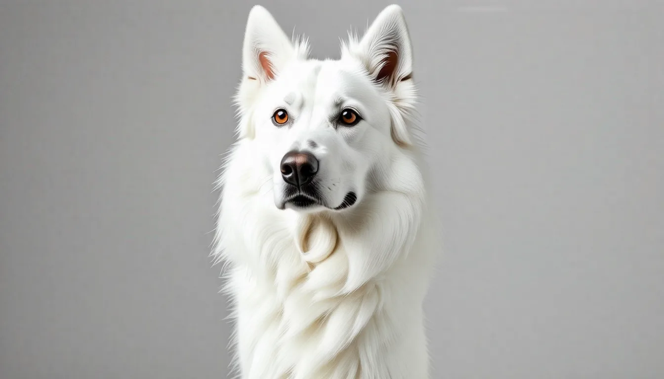 Berger Blanc Suisse adulte au pelage blanc debout de profil sur une pelouse