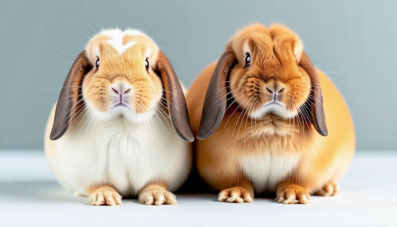 Lapin bélier au pelage clair, oreilles tombantes de part et d'autre de la tête