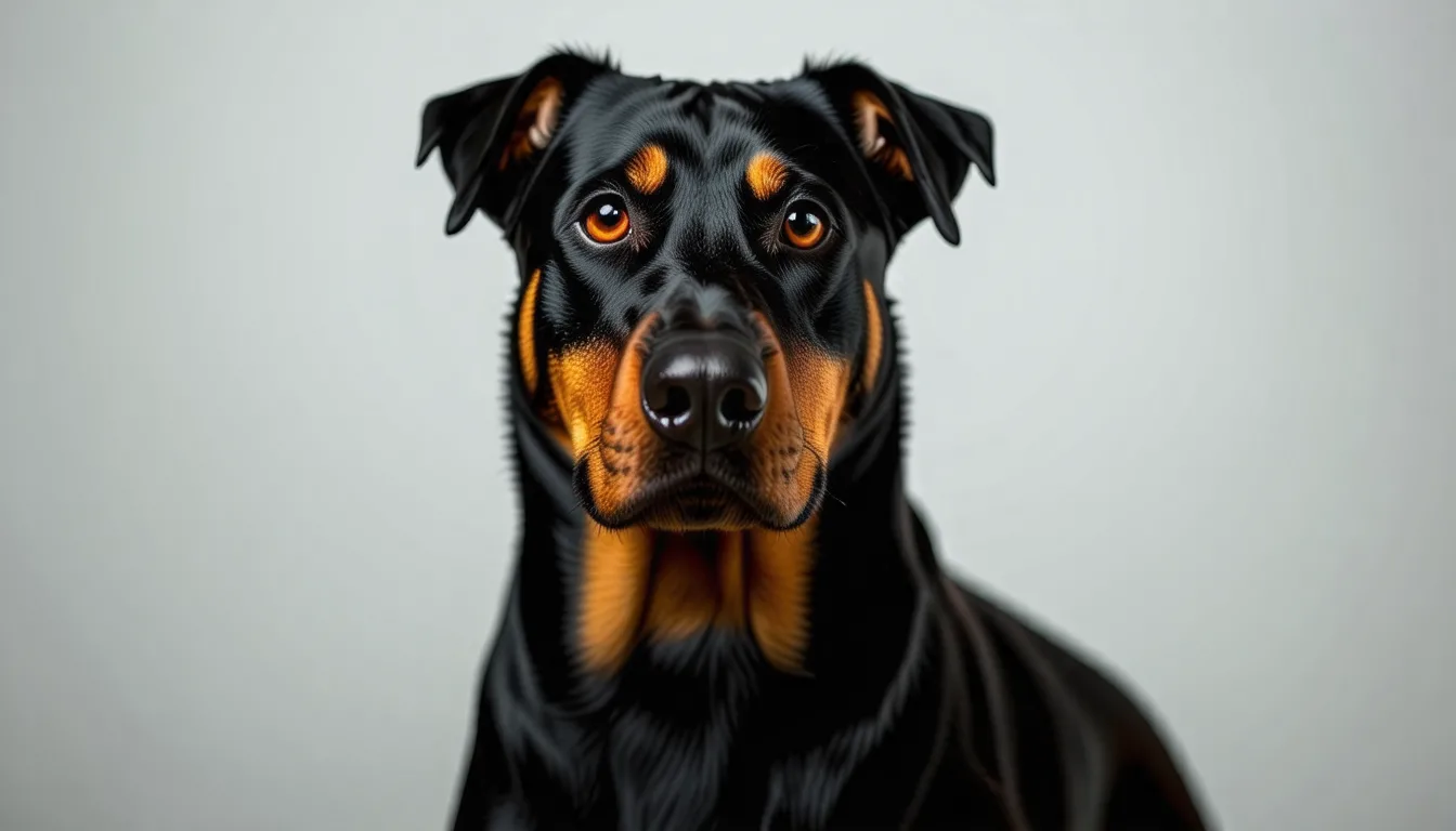 Beauceron noir et feu debout dans un pré, de profil
