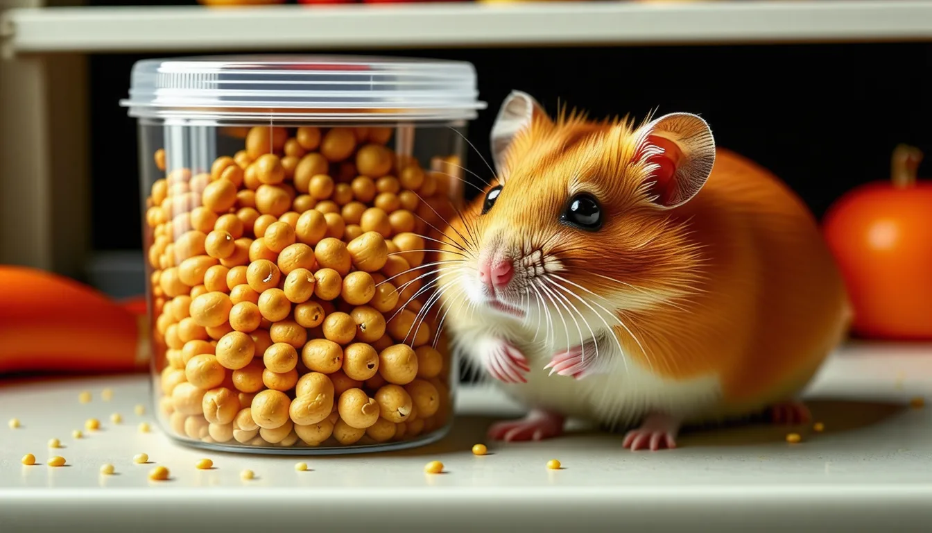 Hamster doré aux joues gonflées de graines, assis sur sa litière