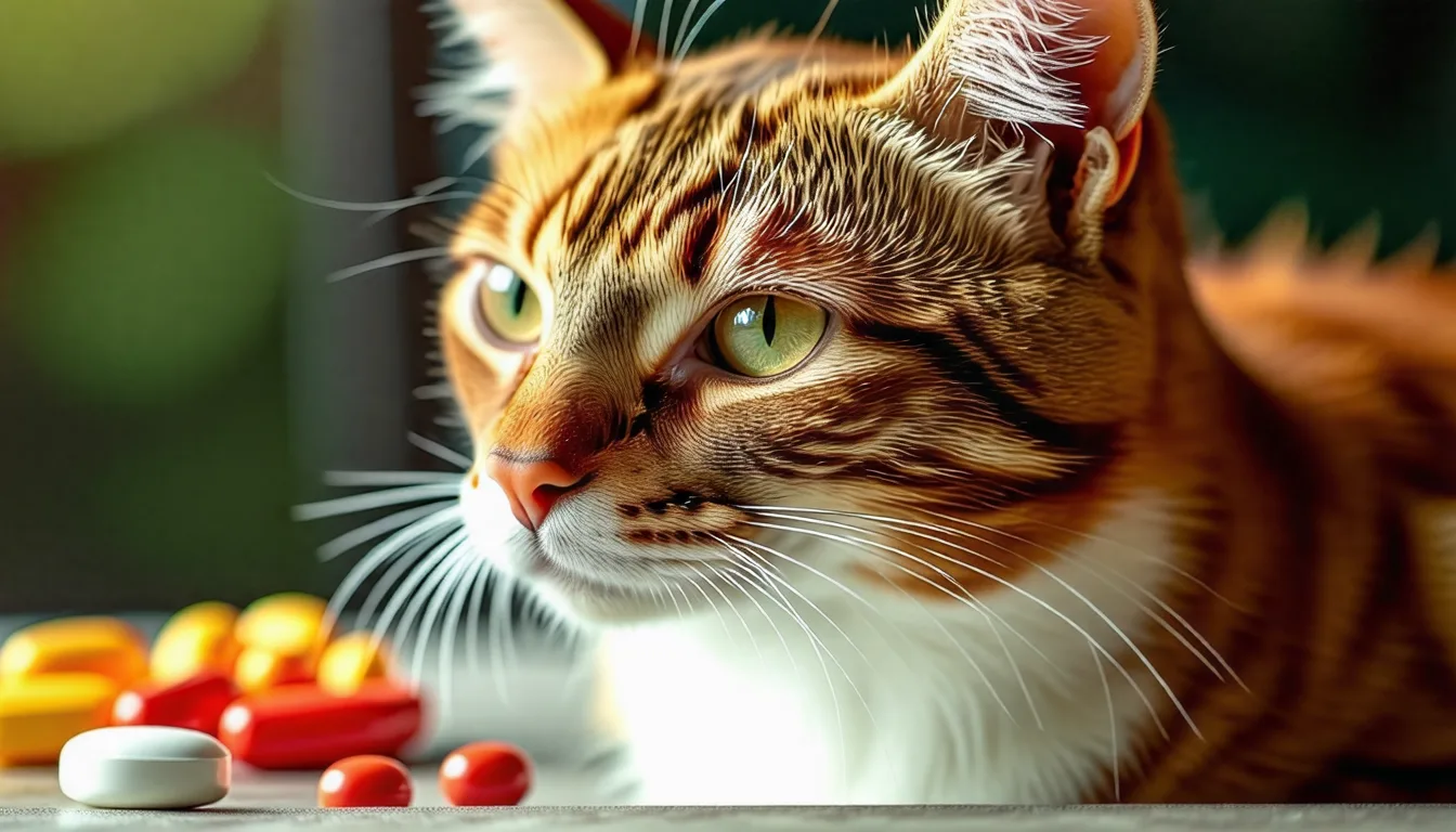 Chat roux devant sa gamelle, à côté de gélules et d'une pipette de complément
