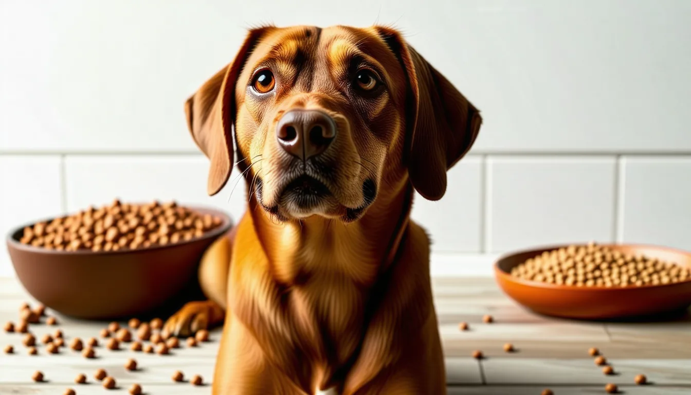 Chien labrador beige devant une gamelle métallique remplie de croquettes
