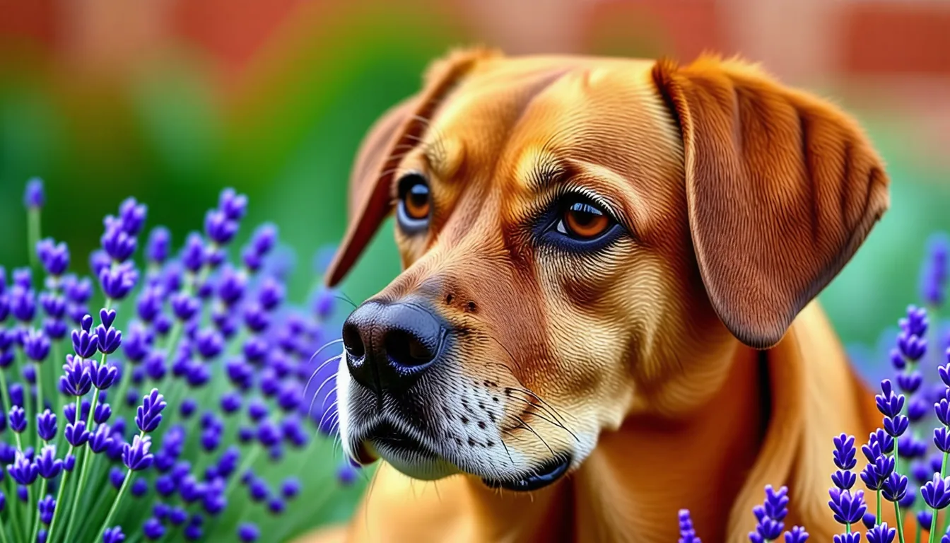 Chien couché au calme à côté d'un bouquet de lavande et d'un flacon d'huile