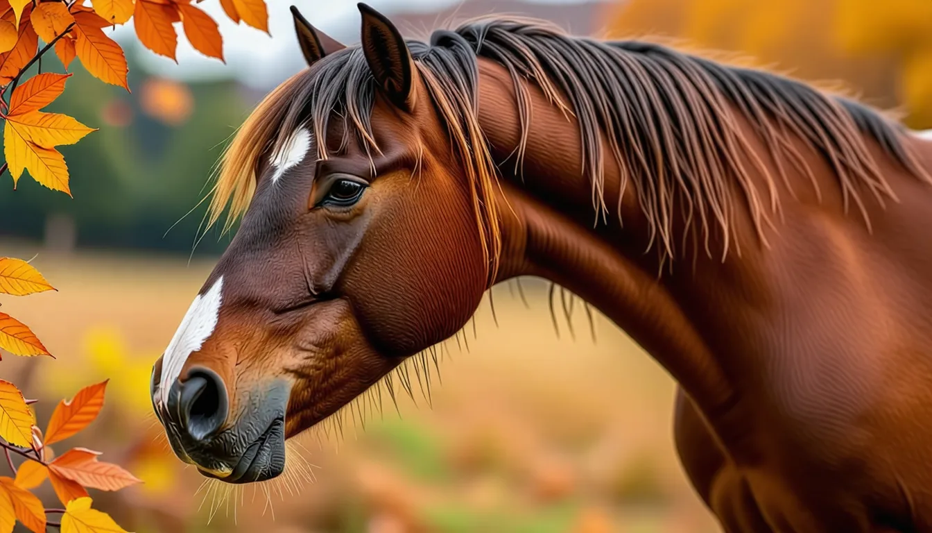 Cheval bai au pré sous un ciel d'automne, herbe rase et arbres roussis