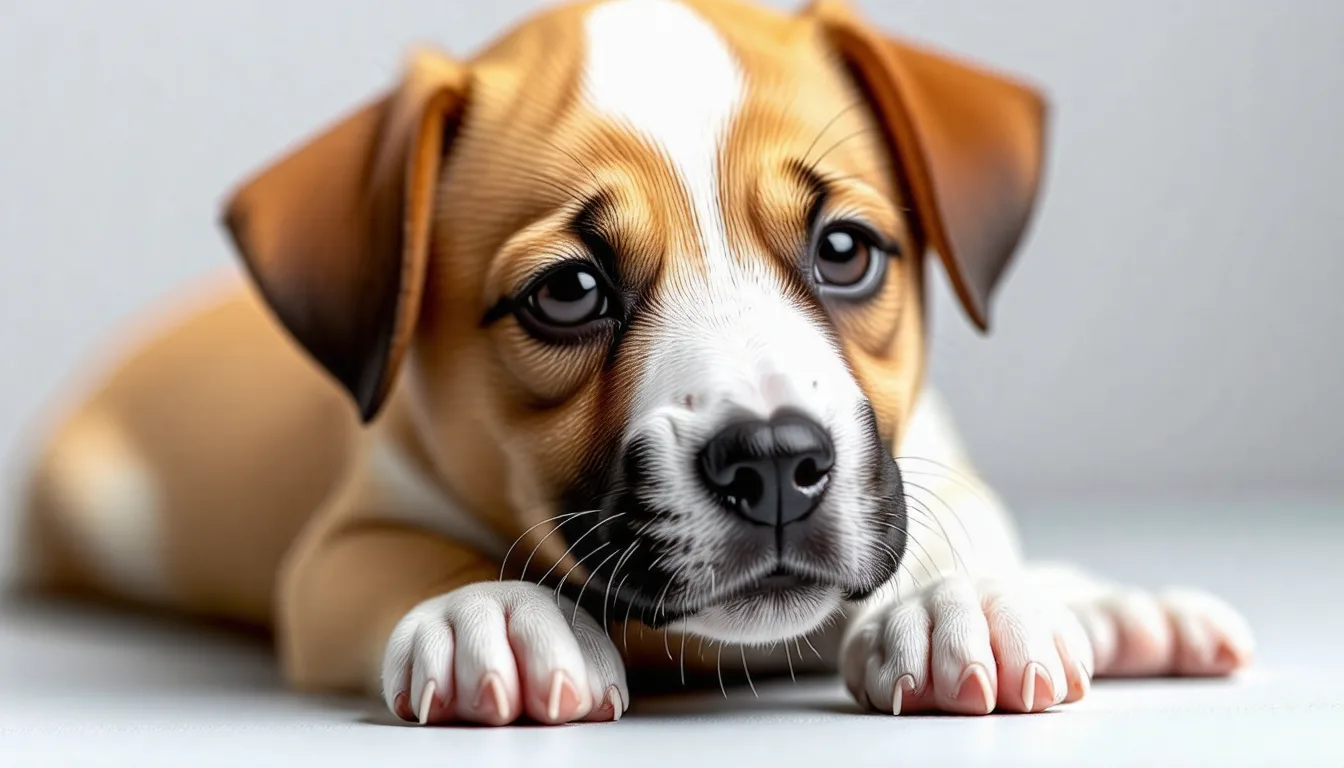 Chiot devant une gamelle, à côté d'un pot de complément en poudre et d'un flacon d'huile