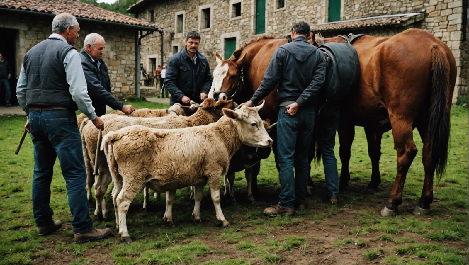 Troupeau de brebis dans un pré boueux du Pays basque par temps couvert