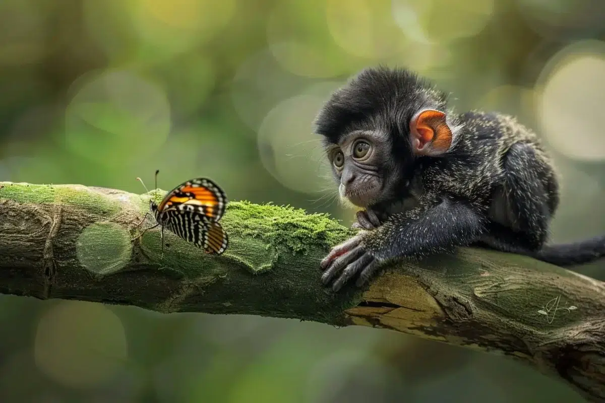 Chimpanzé accroché à une branche, le regard tourné vers le sol de la forêt