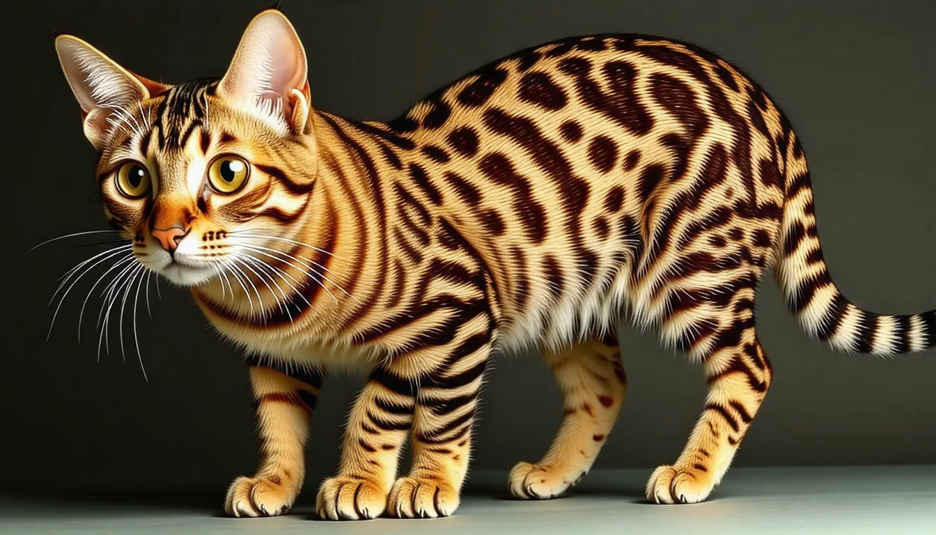 Ocicat au pelage tacheté beige et brun, debout sur un parquet clair