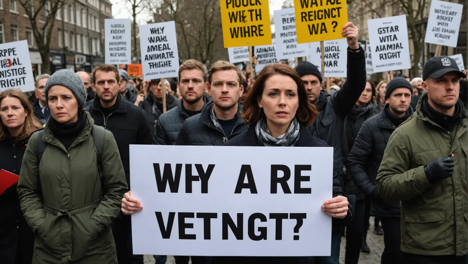 Manifestation pour les droits des animaux, pancartes brandies dans une rue