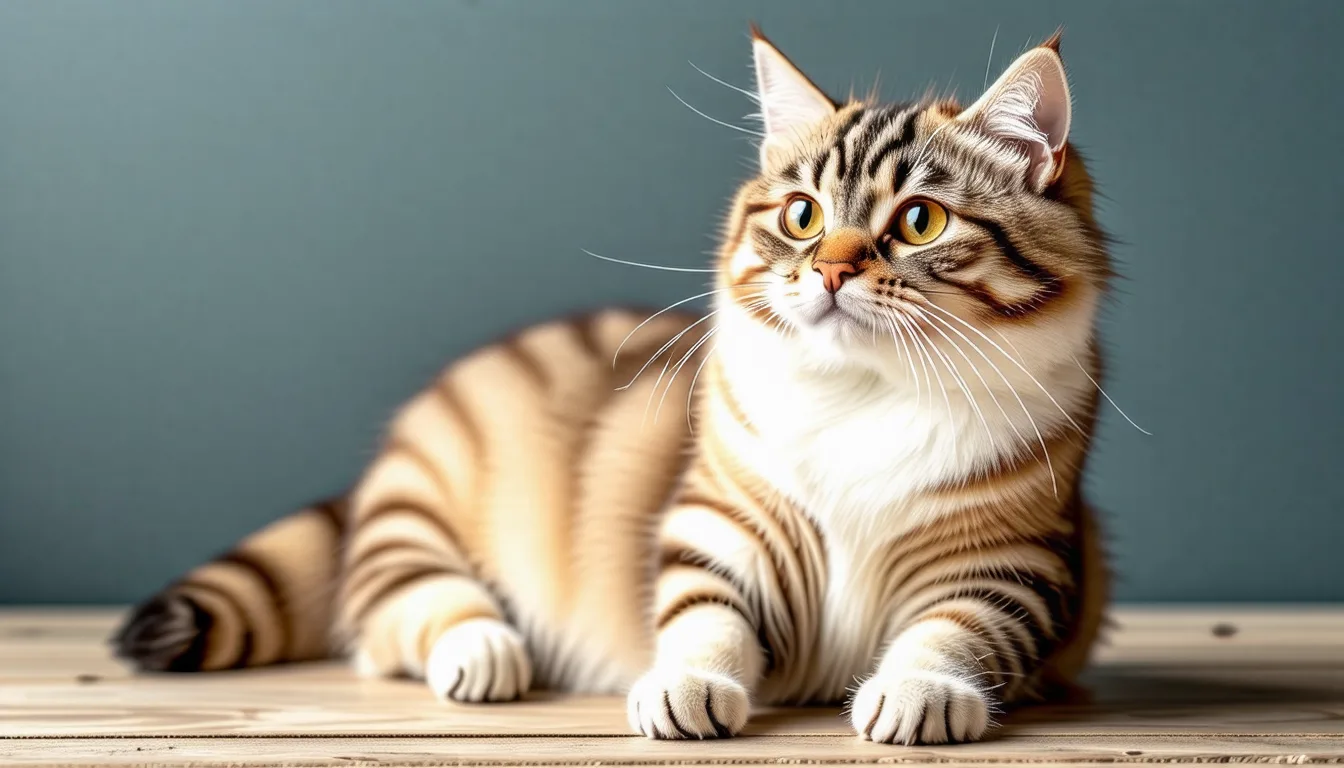 Chat européen à poil court tigré assis, de profil, silhouette bien proportionnée