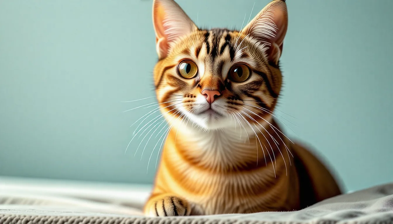 Chat adulte au poil court debout de profil, silhouette fine, sur fond clair