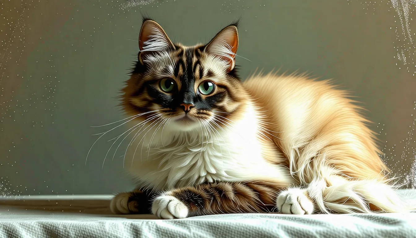 Chat Ragdoll aux yeux bleus et au pelage mi-long crème et brun, allongé