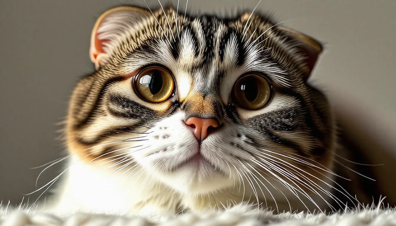 Chat Scottish Fold aux oreilles repliées et aux grands yeux ronds, assis
