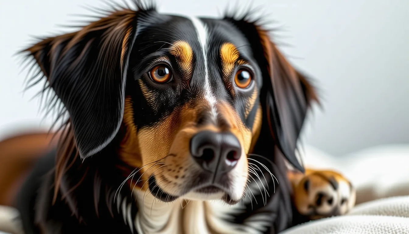Boîte de gélules posée près d'un chien couché au calme sur un tapis