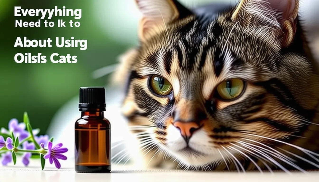 Chat roux et blanc assis près d'un flacon d'huile essentielle et de fleurs séchées