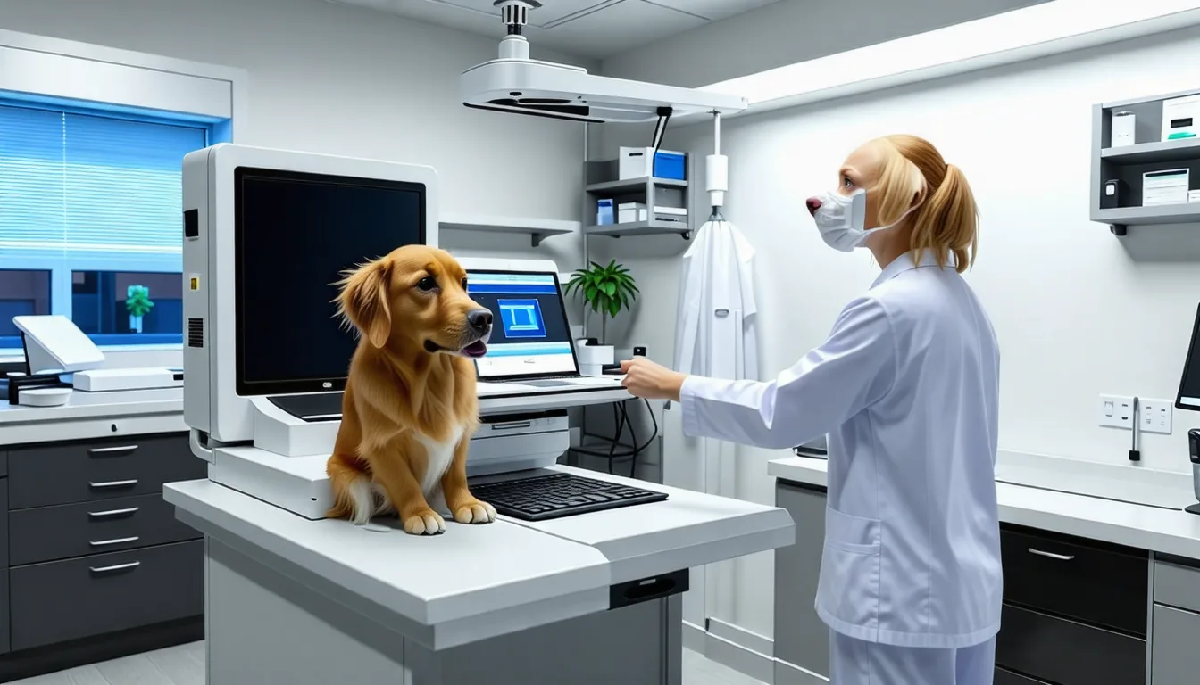 Chien allongé sur la table d'un scanner dans un service d'imagerie vétérinaire
