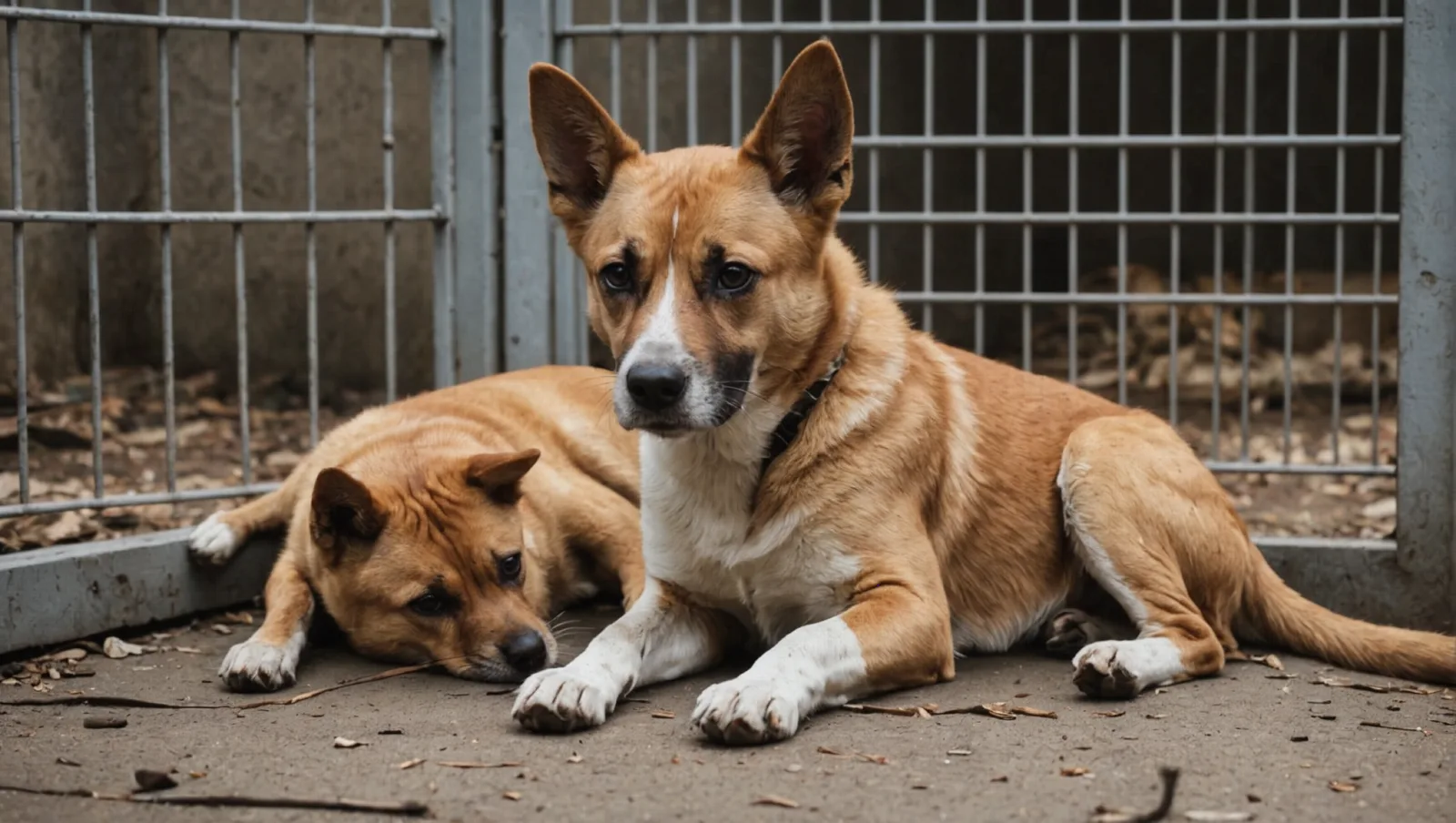 Chien au regard craintif derrière un grillage, dans un box de refuge